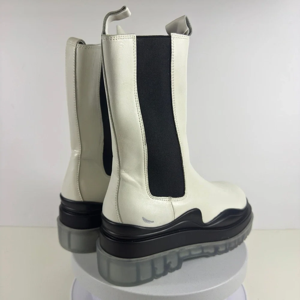 White Leather Platform Chelsea Boots Chunky Lug Sole Mid‎ Calf Womens Size 7